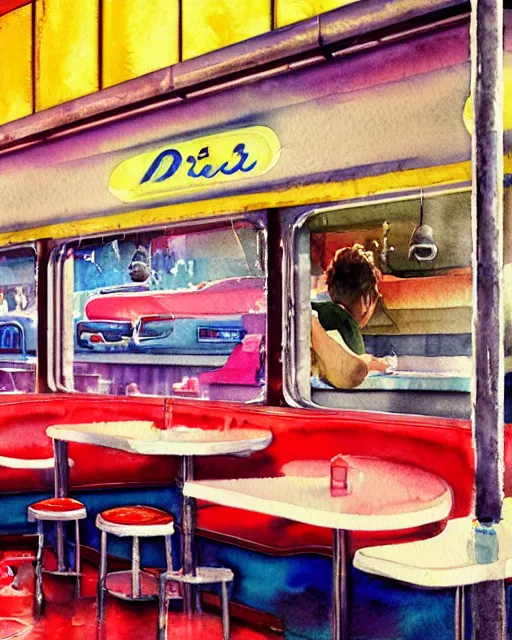 Prompt: closeup watercolor profile portrait of a 1 9 5 0 s diner, hyper realistic, artstation, illustration, digital paint, matte paint, vivid colors, bright, cheerful, detailed and intricate environment