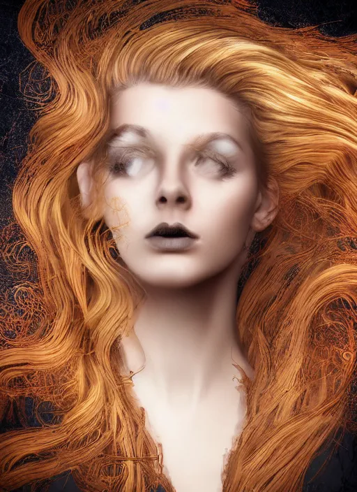 Prompt: dramatic digital art of a woman with super wavy snake goldened marble hair. moody and melanchonic.