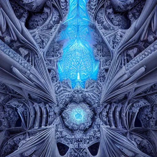 Image similar to a hyperrealistic 3 d render of a huge sprawling fractal cathedral interior populated by mandelbrot fractals by android jones, unreal engine, carved soap, white color scheme, volumetric lighting, octane render, dramatic lighting, glowing, carved marble, opalescent, carved wood, sacred geometry, religious, angelic, catholicpunk, stark, 8 k, ultra detailed