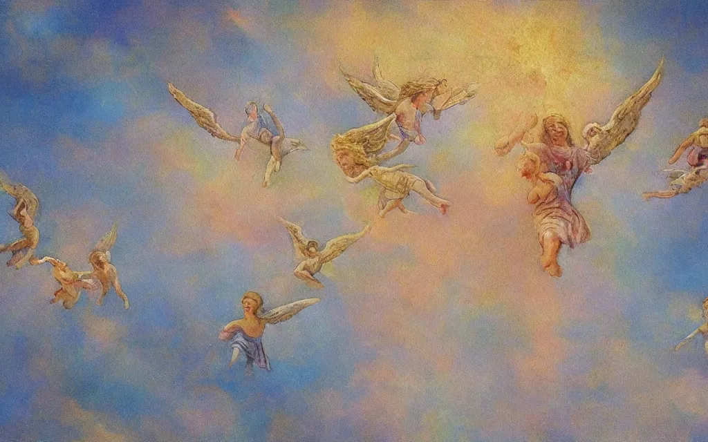 Prompt: vision of angels - a painting of an angel flying in the sky, with a group of angels flying in front of it by dave gibbons and dora maar, style of bokeh tilt shift