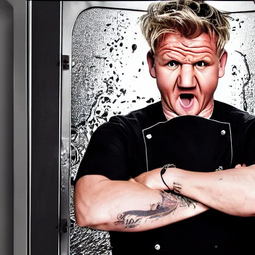 Image similar to angry furious Gordon Ramsay poking his head out of a washing machine and shouting at the camera