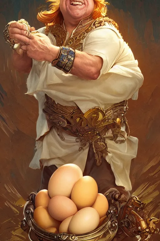 Image similar to danny devito the conqueror and offerer of eggs, fantasy, intricate, elegant, highly detailed, digital painting, artstation, concept art, sharp focus, illustration, art by artgerm and greg rutkowski and alphonse mucha