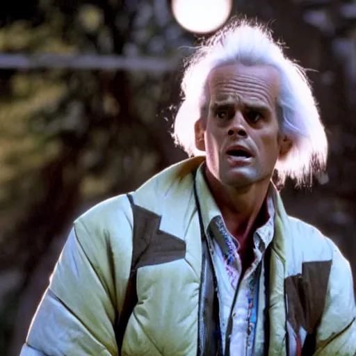 Image similar to stunning awe inspiring jim carrey as doc brown in the movie back to the future, movie still 8 k hdr atmospheric lighting