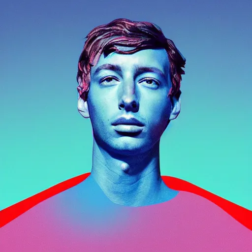 Prompt: flume and former cover art future bass girl unwrapped statue bust futuristic material vibrant colours simple background Jonathan Zawada style