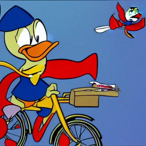 Image similar to donald duck riding a bike, in style of don rosa