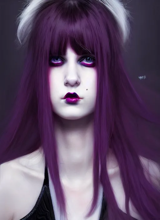 Image similar to portrait of white teenage girl, normal face, white bangs, mall goth, cyberlox, black and white hair, bangs, fluffy bangs, red contact lenses, purple lipstick, intricate, elegant, highly detailed, digital painting, artstation, concept art, sharp focus, smooth, illustration, art by wlop, mars ravelo and greg rutkowski