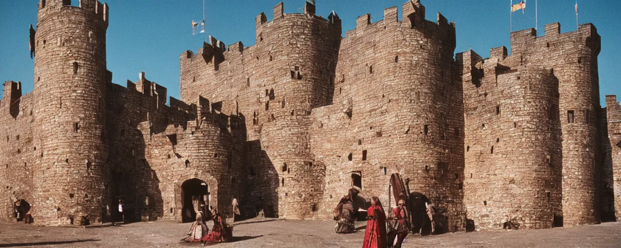 Image similar to a medieval castle with knights protecting a giant mound of spaghetti behind the walls, canon 5 0 mm, super detailed face, facial expression, cinematic lighting, photography, retro, film, kodachrome