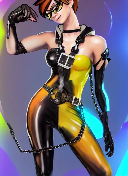 Image similar to full body digital artwork of tracer overwatch, wearing black iridescent rainbow latex swimsuit, 4 k, expressive happy smug expression, makeup, in style of mark arian, wearing detailed black leather collar, wearing chains, black leather harness, leather cuffs around wrists, detailed face and eyes,