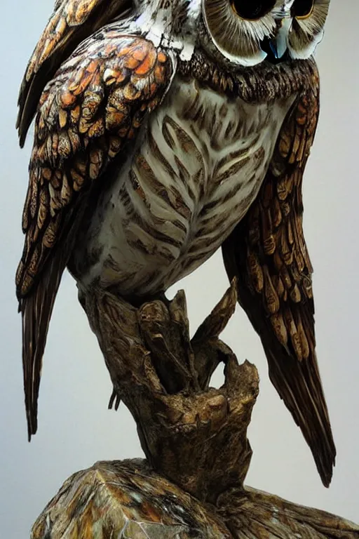 Image similar to realistic detailed statue of an owl made with marble and with stained boned intricanted wings, cracked body full of scars, made by Karol Bak, Mark Brooks and Bernini. Rich colors. Beksinski and painting. Masterpiece