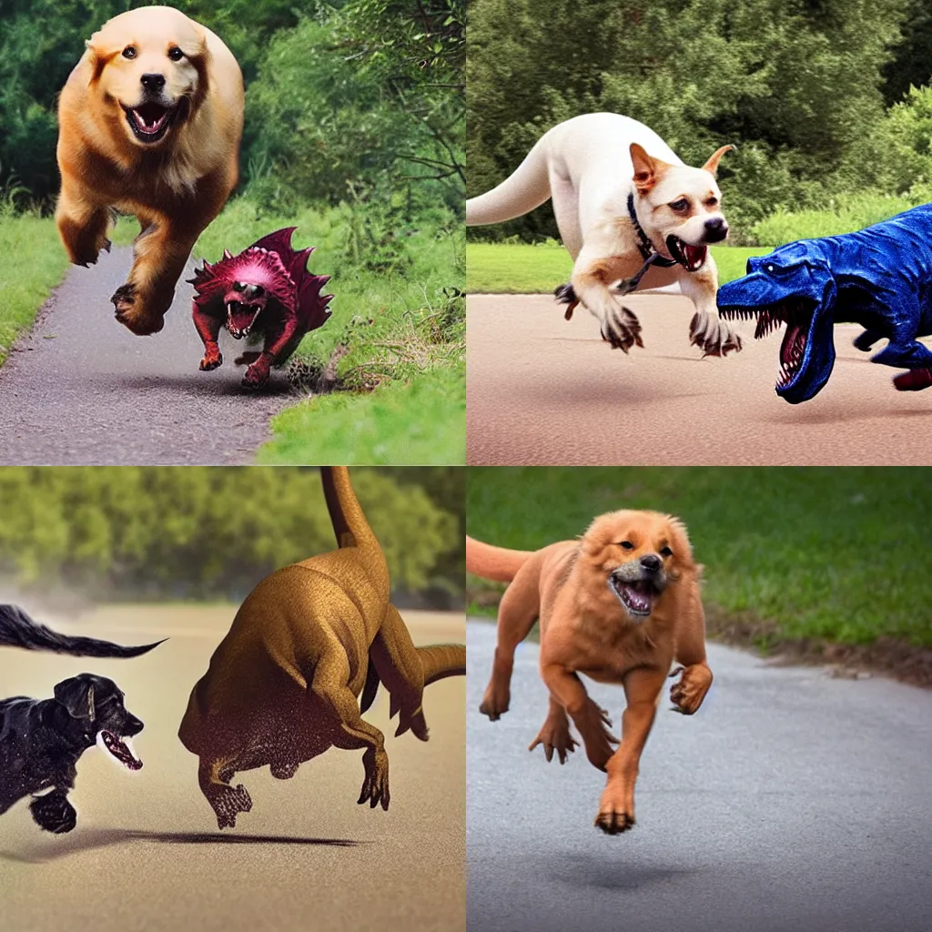 Prompt: dog being chased by a T-Rex