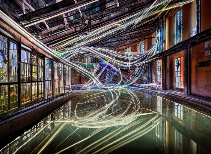 Prompt: flowing lightpainting helix swirling around, unfinished building building chapel nature urbex abandoned industrial architecture, puddle reflections, highly detailed, photorealistic, neon rim lighting, reflections, smooth, sharp focus, ultrawide, final fantasy