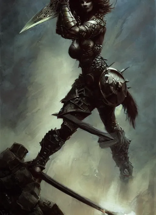 Prompt: A full portrait of a beautiful armored berserker woman, dragging an oversize Gothic claymore into battle, by Frank Frazetta, Greg Rutkowski, Boris Vallejo, epic fantasy art, Exquisite detail, post-processing, masterpiece, cinematic