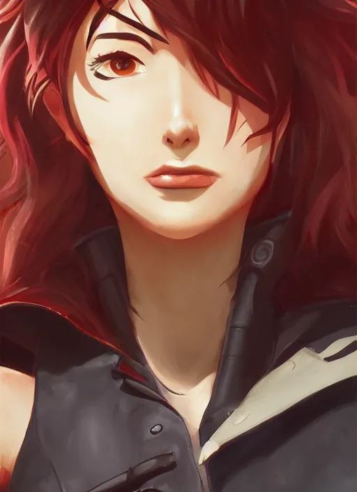 Prompt: full size persona, female sheriff, detail, ultra sharpness, beautiful female, detailed face, art by huyy nguyen, style by cain kuga, cowboy bebop art style