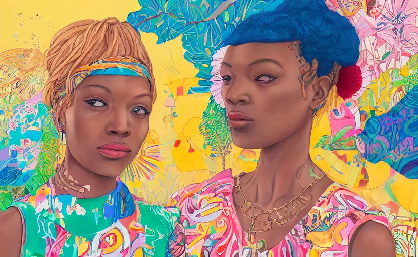 Prompt: beautiful painting of sunny hiphop solarpunk summertime chill, by martine johanna, njideka akunyili crosby, rossdraws. trending on artstation, 8 k, masterpiece, graffiti paint, fine detail, full of color, intricate detail, golden ratio illustration