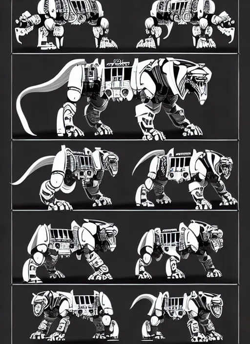 Image similar to very technical and detailed blueprint of a robot tiger, center frame, side view intricate details, ultra - detailed, baroque style, illustration, desaturated, concept art, in the style of battletech, zoids, voltron