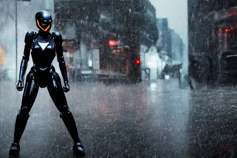 Image similar to vfx marvel sci-fi woman black super hero robot photo real full body action pose, city street cinematic lighting, rain and fog by Emmanuel Lubezki