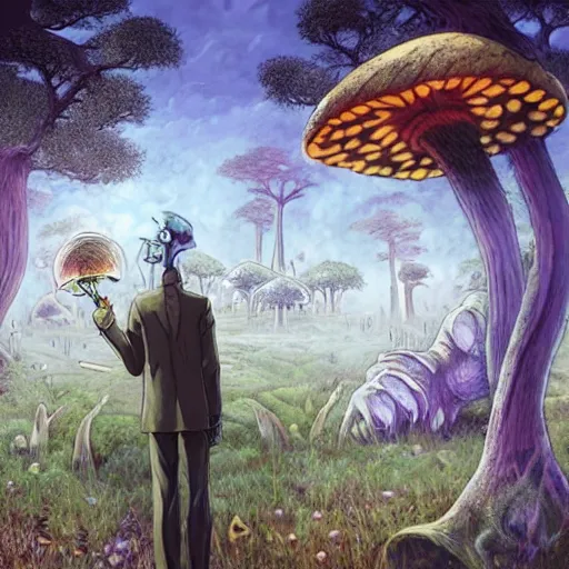 Image similar to a centered chest up portrait of a psychedelic demonic anthropomorphic forest animal in a suit smoking a hand - rolled cigarette smoking heavily, magic mushroom village in background. award winning. superb resolution. in the art style of junji ito and greg rutkowski. detailed mushroom city in background. hyper realistic anime. perfect art. dalle 2