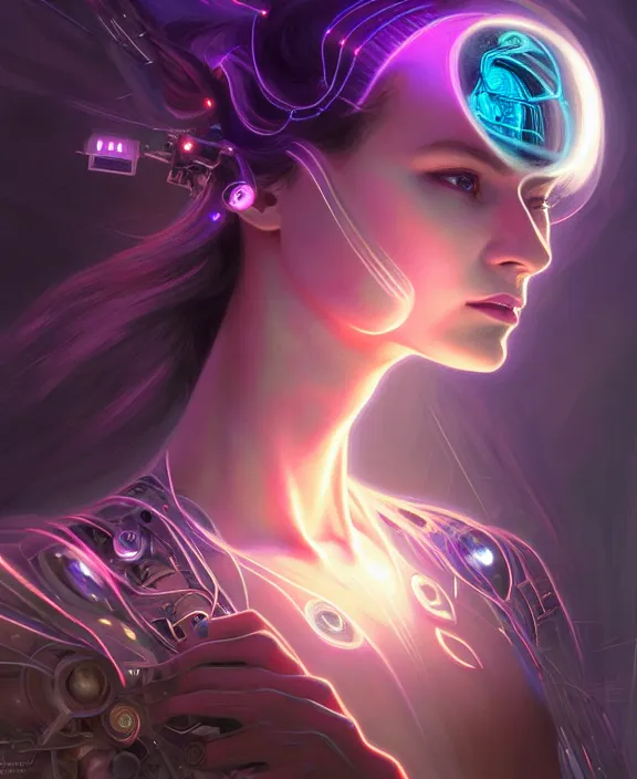 Image similar to a whirlwind of souls rushing inside the metaverse, hologram, half body, neurochip, shaved temple, piercing, jewelry, android, cyborg, cyberpunk face, by loish, d & d, fantasy, intricate, elegant, highly detailed, colorful, digital painting, artstation, concept art, art by artgerm and greg rutkowski and alphonse mucha