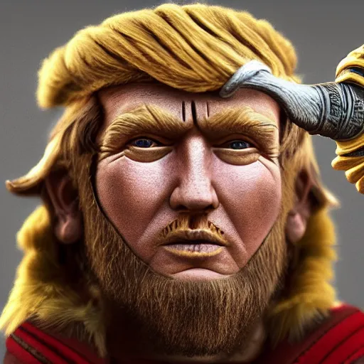 Image similar to a viking holding donald trump head, highly detailed, 8 k