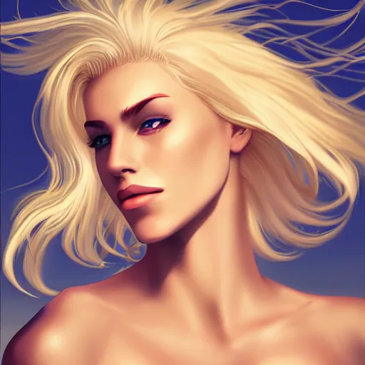 Prompt: a stunning upper body portrait of a beautiful woman with bleach blonde hair blowing in the wind by marvel comics, digital art, trending on artstation