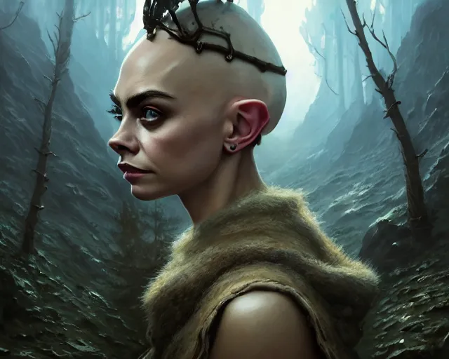 Image similar to highly detailed portrait of cara delevingne as a bald elf, in skyrim, stephen bliss, unreal engine, fantasy art by greg rutkowski, loish, rhads, ferdinand knab, makoto shinkai and lois van baarle, ilya kuvshinov, rossdraws, tom bagshaw, global illumination, radiant light, detailed and intricate environment