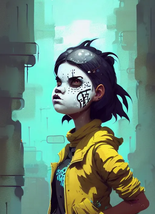 Image similar to highly detailed portrait of a sewer punk young lady with white graffiti face paint by atey ghailan, james gilleard, by joe fenton, by greg rutkowski, by greg tocchini, by kaethe butcher, 4 k resolution, gradient yellow, black, brown and cyan color scheme, grunge aesthetic!!! ( ( dystopian graffiti tag wall in background ) )