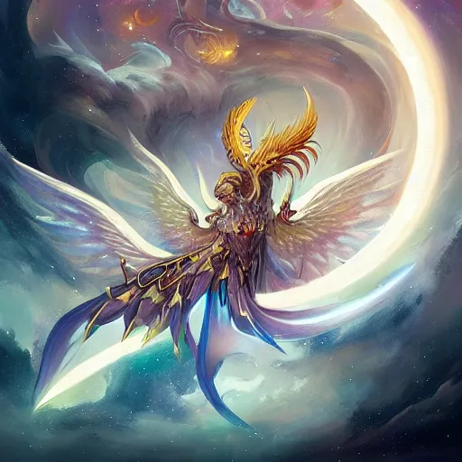 Prompt: A highly detailed cosmic white wyvern with ornate wings of light and stardust by Peter Mohrbacher, a background of celestial bodys, unreal engine, trending on artstation