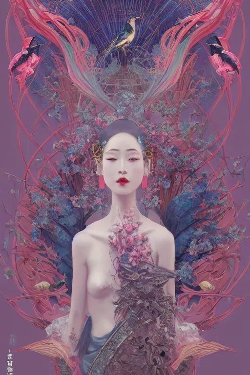 Image similar to portrait full body girl 3 kingdom breathtaking detailed concept art painting art deco pattern of birds goddesses amalmation flowers head thibetan temple, by hsiao ron cheng, tetsuya ichida, bizarre compositions, tsutomu nihei, exquisite detail, extremely moody lighting, 8 k, art nouveau, old chines painting, art nouveau
