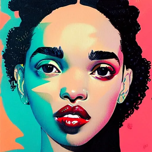 Prompt: FKA Twigs profile picture by Sachin Teng, asymmetrical, Organic Painting , Matte Painting, geometric shapes, hard edges, graffiti, street art:2 by Sachin Teng:4