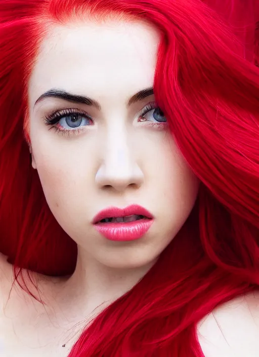 Image similar to ava max bright red hair photographed by charlotte rutherford, canon, highly realistic. high resolution. highly detailed. dramatic. 8 k. 4 k.