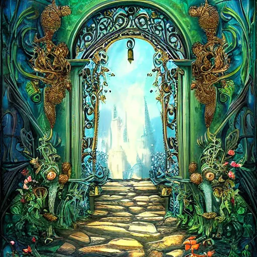 Prompt: Berangere entrance to enchanted world ornate highly detailed, fantasy art, detailed, cinematic