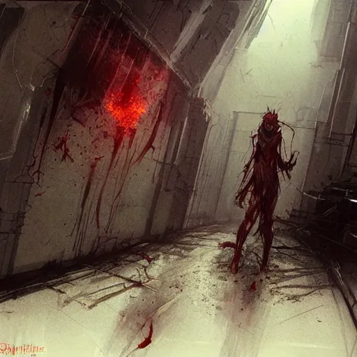 Image similar to concept art by greg rutkowski, infected people with a kind of reddish silt oozing from their bodies, running, looking rabid, in a claustrophobic, futuristic and brutalist environment, frightening and creepy atmosphere, scifi, highly detailed portrait, digital painting, artstation, concept art, smooth, sharp foccus ilustration, artstation hq