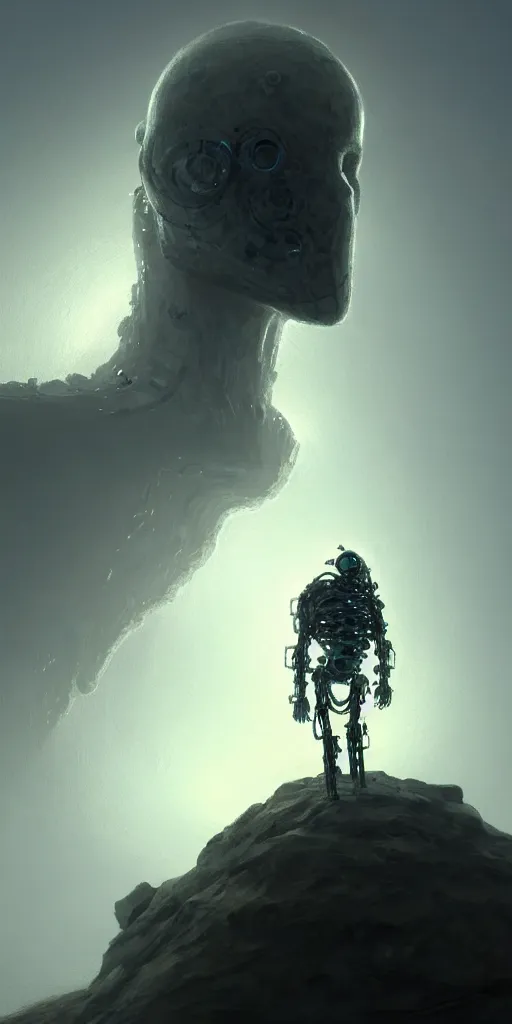 Prompt: concept art of a cybernetic life form, based on silica crystal on a rock background, surrounded by spirals of fog, grimy, gritty, trending on artstation, award winning painting, close portrait, cgi, art by alex andreev and andreas achenbach