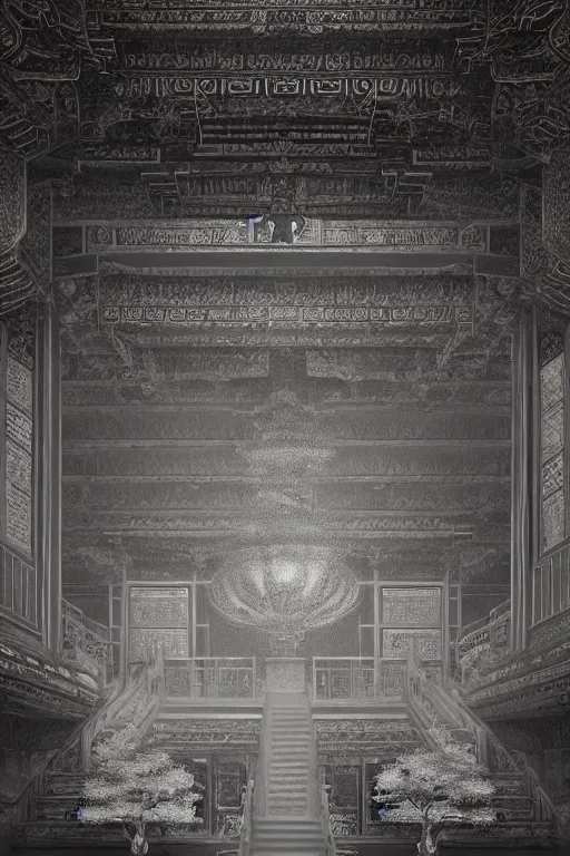 Prompt: antique chinese celestial palace, portrait, powerfull, intricate, elegant, black and white volumetric lighting, scenery, digital painting, highly detailed, artstation, sharp focus, illustration, concept art, ruan jia, steve mccurry