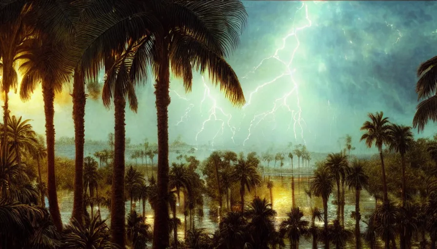 Image similar to a ultradetailed beautiful painting of the thunderstorm sky of the amazonas palace balustrade designed by gustave dore, derek zabrocki, greg rutkowski, belsinski, beach, trending on artstation, mediterranean, palm trees, sharp focus, colorful refracted sparkles and lines, soft light, 8 k 4 k