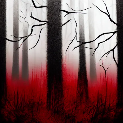 Image similar to a creature of your nightmares in a dark and twisted forest, horrifying, black and red colours, wispy fog, tall and ominous trees, accented paint strokes, detailed