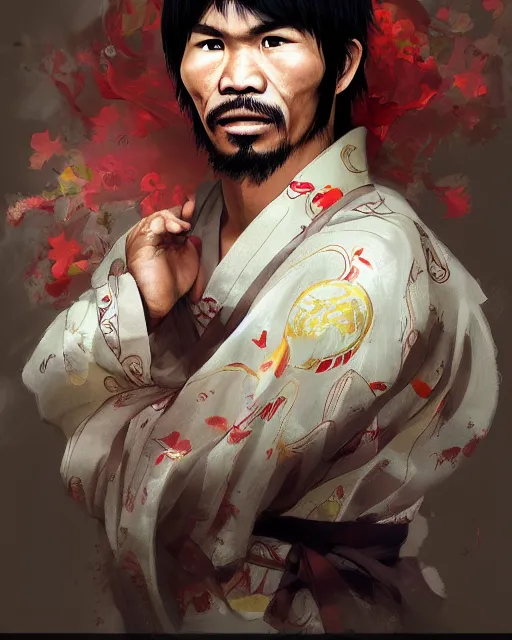 Image similar to an anime portrait of manny pacquiao as a beautiful man wearing a kimono from skyrim, by stanley artgerm lau, wlop, rossdraws, james jean, andrei riabovitchev, marc simonetti, and sakimichan, trending on artstation