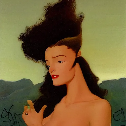 Image similar to a oil painting of a fair skin with dark curly stylised hair queen wearing dress, by hans emmenegger, by bruce pennington, by eyvind earle, by nicholas roerich, by frank frazetta, by georgia o keeffe, by dean cornwell, highly detailed, realistic, concept art, jewels, oriental, desaturated