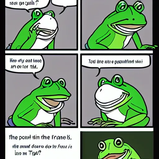 Image similar to a four panel comic about a talkative frog