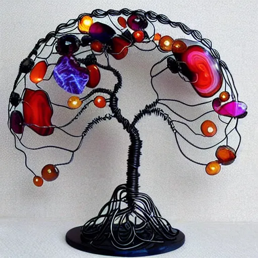 Image similar to intricate wire tree windswept and wing shaped with agate accents, delicate, magnificent design, masterpiece, colorful, surreal, elaborate, dramatic lighting