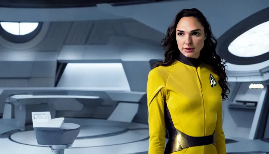 Image similar to Gal Gadot, wearing a yellow uniform, is the captain of the starship Enterprise in the new Star Trek movie