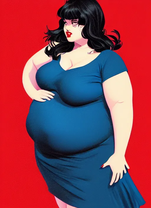 Image similar to full body portrait of teenage veronica lodge, obese, bangs, sultry, realistic, sultry smirk, wavy hair, red skirt, fat, belly, intricate, elegant, glowing lights, highly detailed, digital painting, artstation, concept art, smooth, sharp focus, illustration, art by wlop, mars ravelo and greg rutkowski