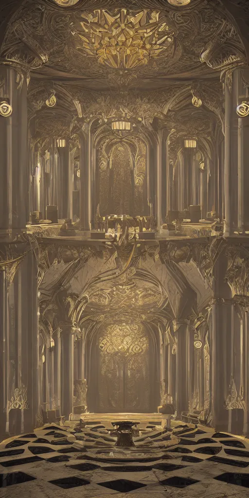 Image similar to ultra detailed, high definition, octane render 3d, throne room, stone pillars, high ceiling, art nouveau, goth