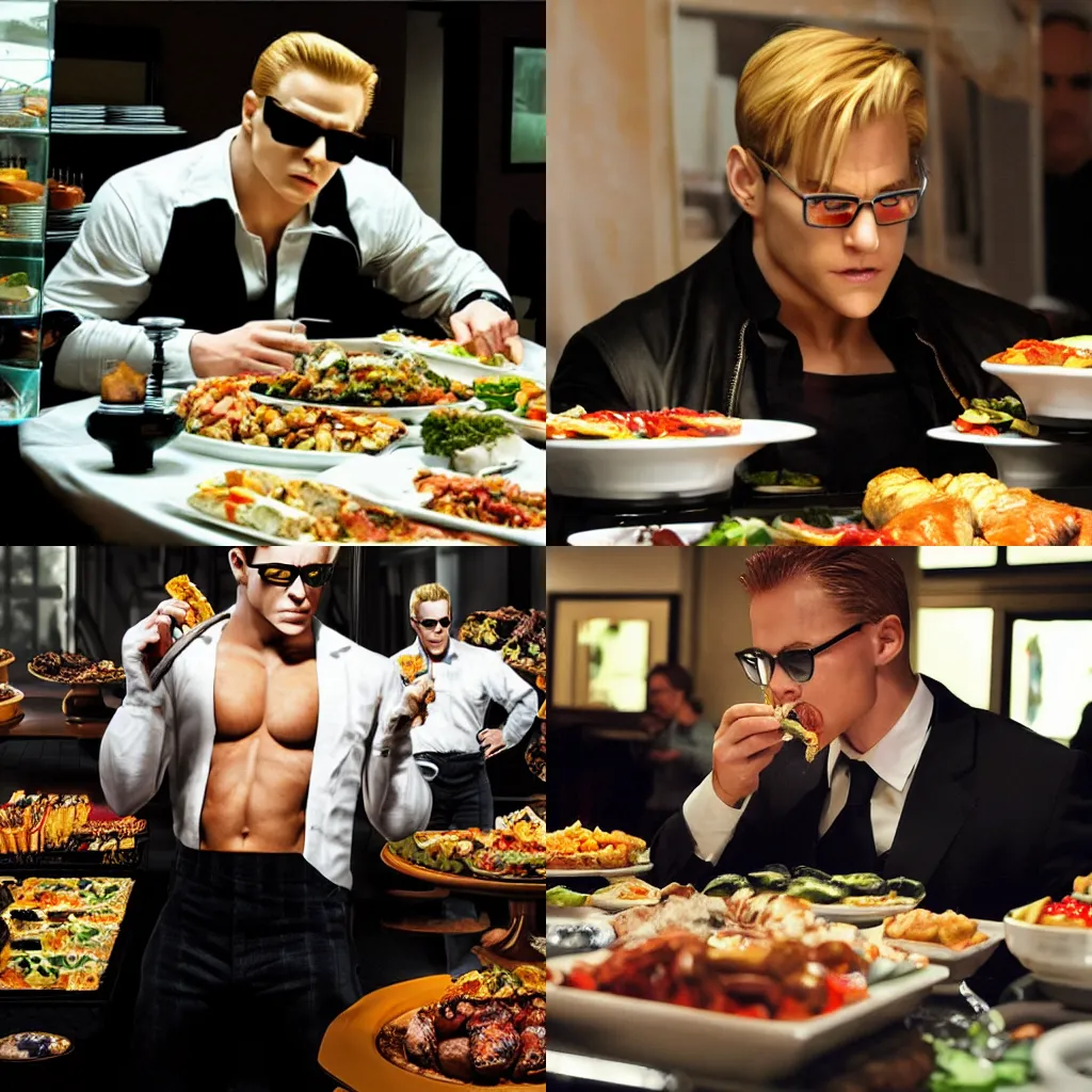 Prompt: Albert Wesker eating a buffet, photography