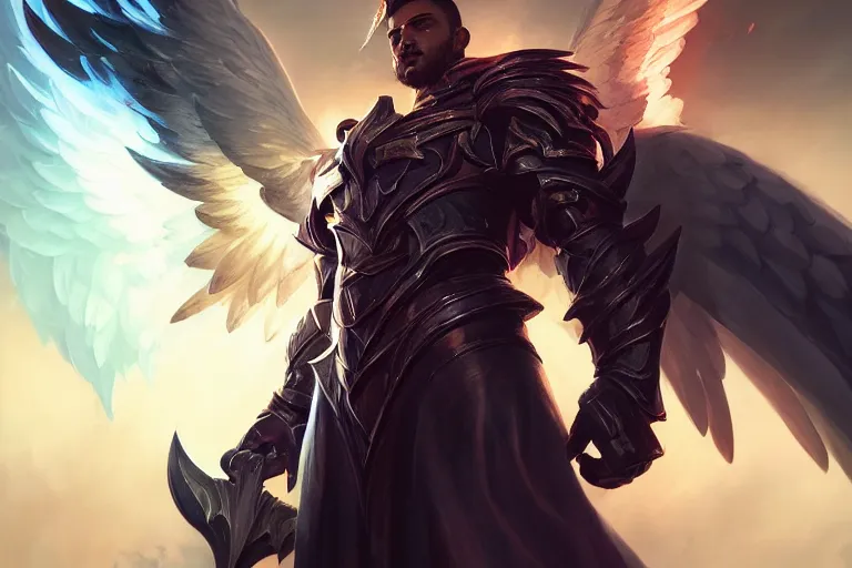 Image similar to amazing portrait of archangel micheal, league of legends splash art, deiv calviz, splash art, natural light, elegant, intricate, fantasy, atmospheric lighting, by greg rutkowski, league of legends splash art, hd wallpaper, ultra high details