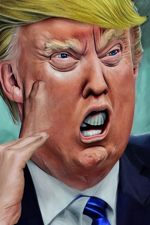 Prompt: extremely detailed portrait of donald trump looking totally confused by advanced mathematics written on a whiteboard and panicking. this is totally beyond him and the mere existence of math terrifies him. highly detailed lifelike photorealistic digital painting, trending on artstation.