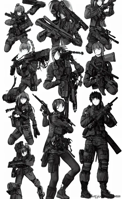 Prompt: highly detailed, high resolution, character design art, stunning, volumetric lightning, realistic guns, girls frontline style, matte, sharp focus, intricate, 150mm, illustration, artstation, by yoshihiro togashi, realistic human anatomy, simple design, realistic military gear, metal gear style