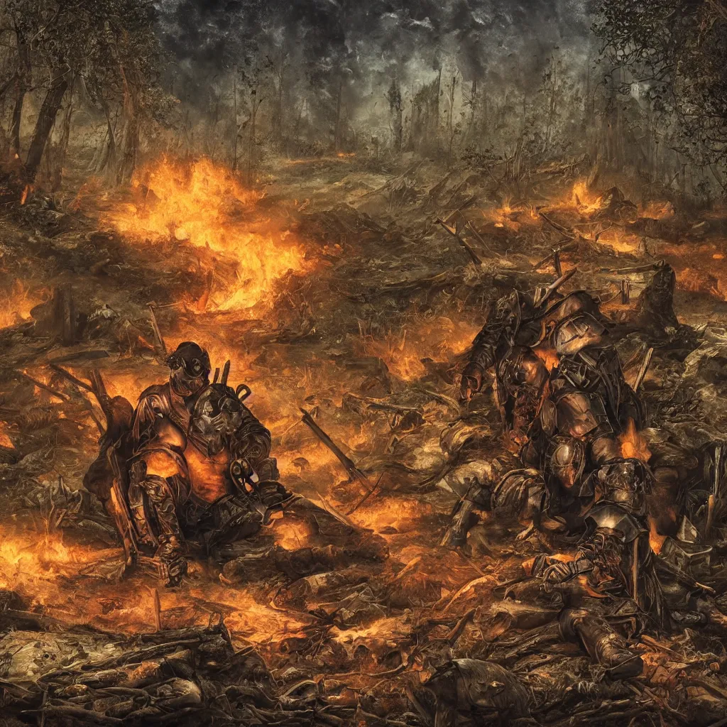 Prompt: dark gritty medieval battle aftermath, a mercenary sitting beside a pile of dead enemies, a forest on fire in the background, highly detailed illustration