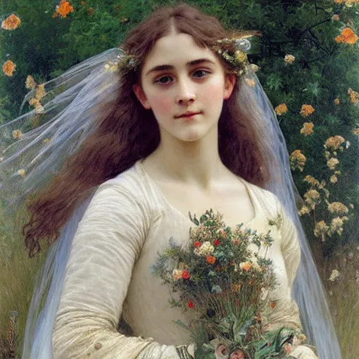 Image similar to a detailed, intricate art nouveau portrait of a young bride who resembles a teenage saoirse ronan and emma watson, in a field of grain, by william adolphe bougereau, john williams waterhouse, alphonse mucha, and donato giancola