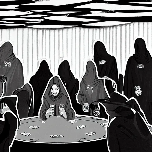 Prompt: A group of people covered in black and white robes with hoods playing poker at a poker table in the middle of an abandoned building, big room, with vines and plants growing out of cracks, broken walls and ceiling with natural light shining through, the light shows dust in the air, digital art, award winning art, 8k